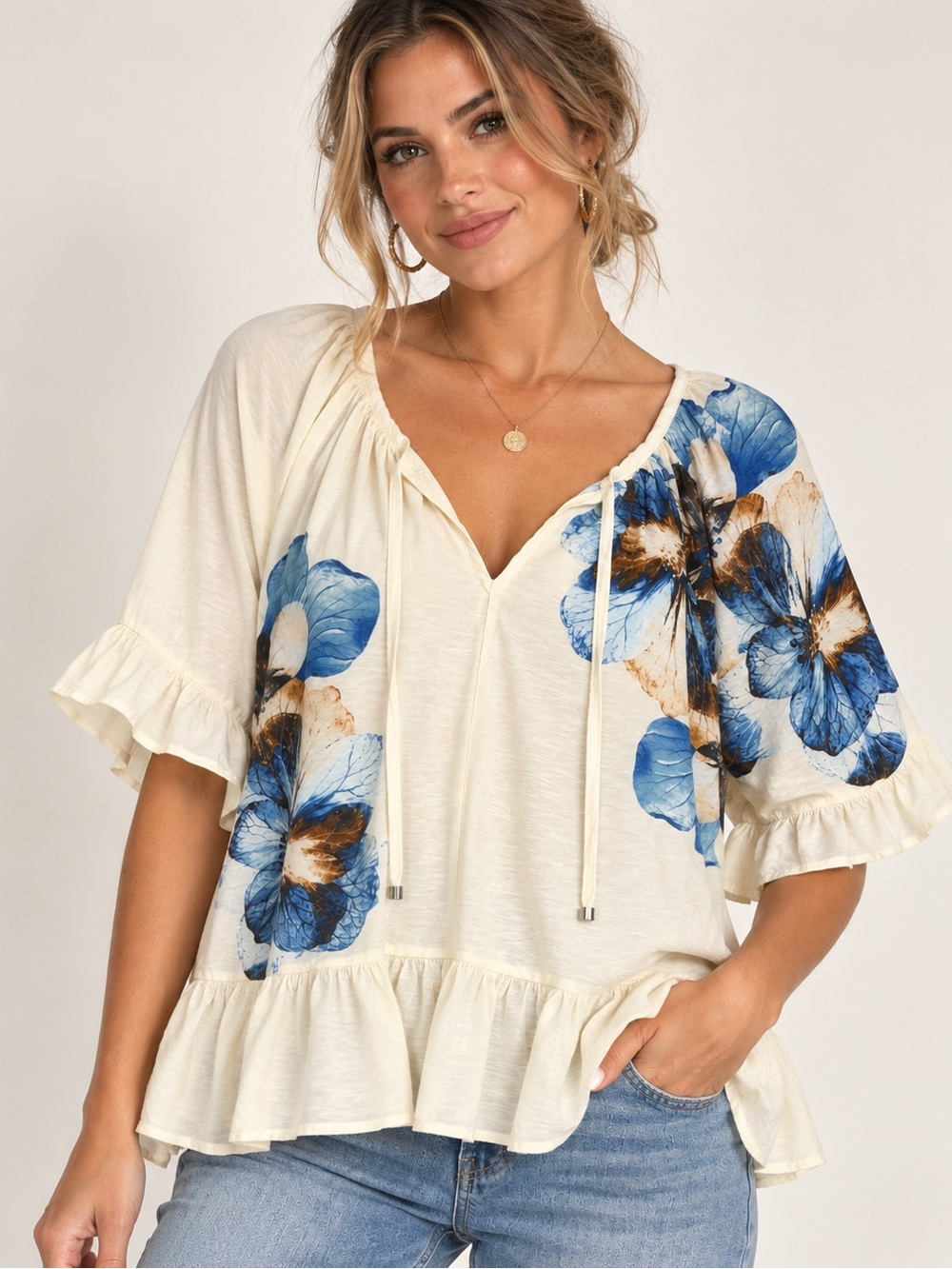 Badgley Mischka Cream Cover-Up Top with Blue Floral Print